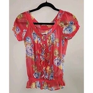 Abercrombie & Fitch Floral Sheer Ruffle Coral Top Size XSmall Coquette Y2K Fairy